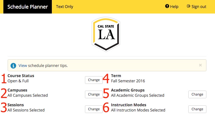 Screenshot of Schedule Planner showing Options which include Course Status, Campuses, Sessions, Term, Academic Groups, and Instruction Modes